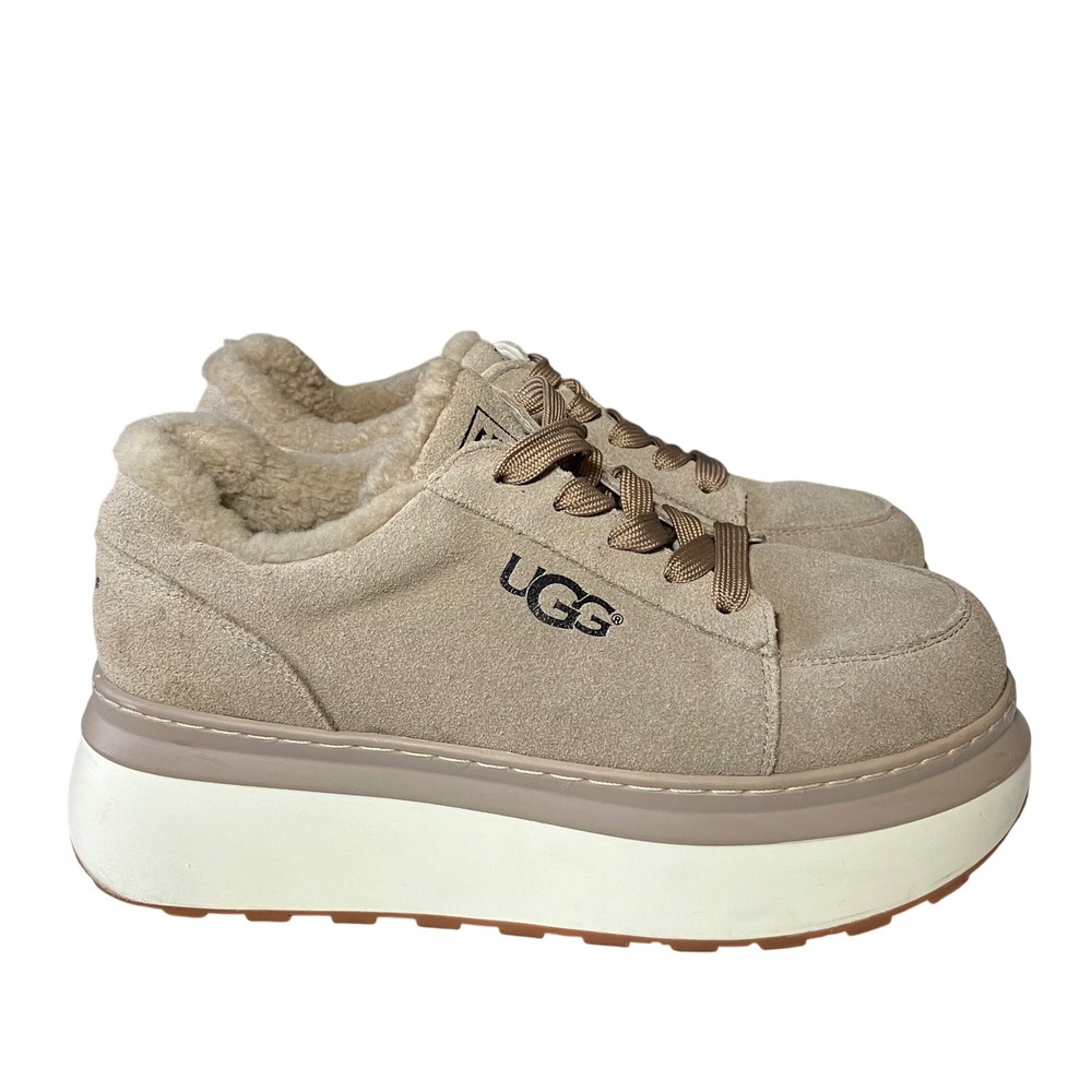 UGG Womens Platform Sneakers Suede Shearling Lined Beige Lace Up Casual Shoes 37